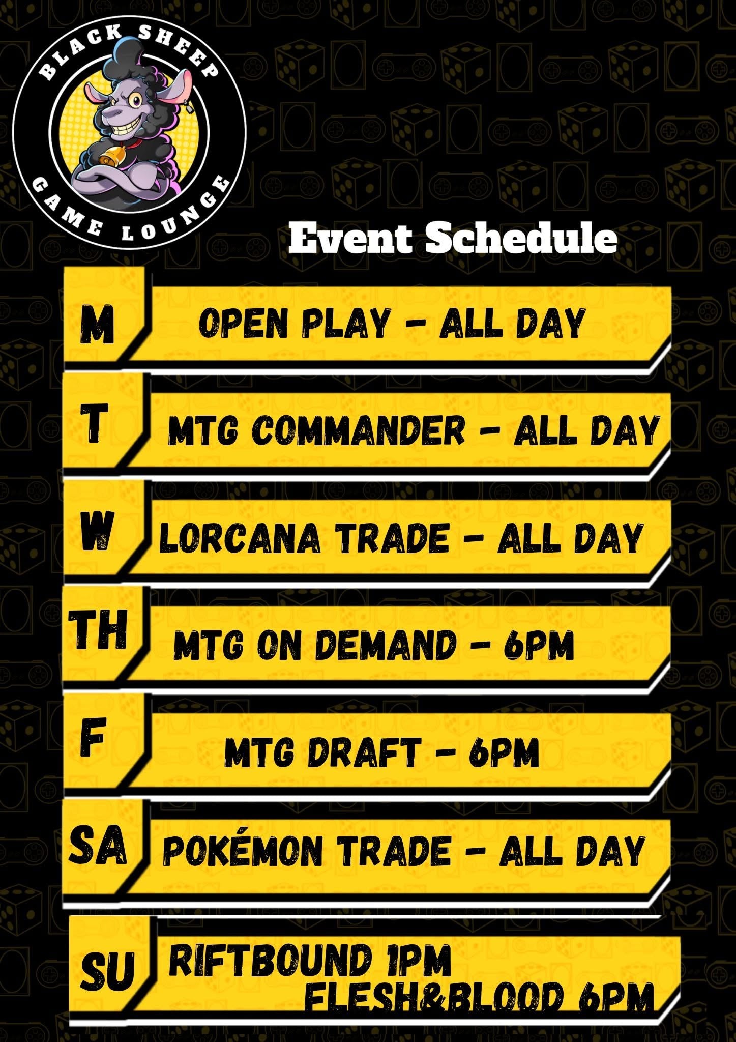 Event schedule for Black Sheep Game Lounge